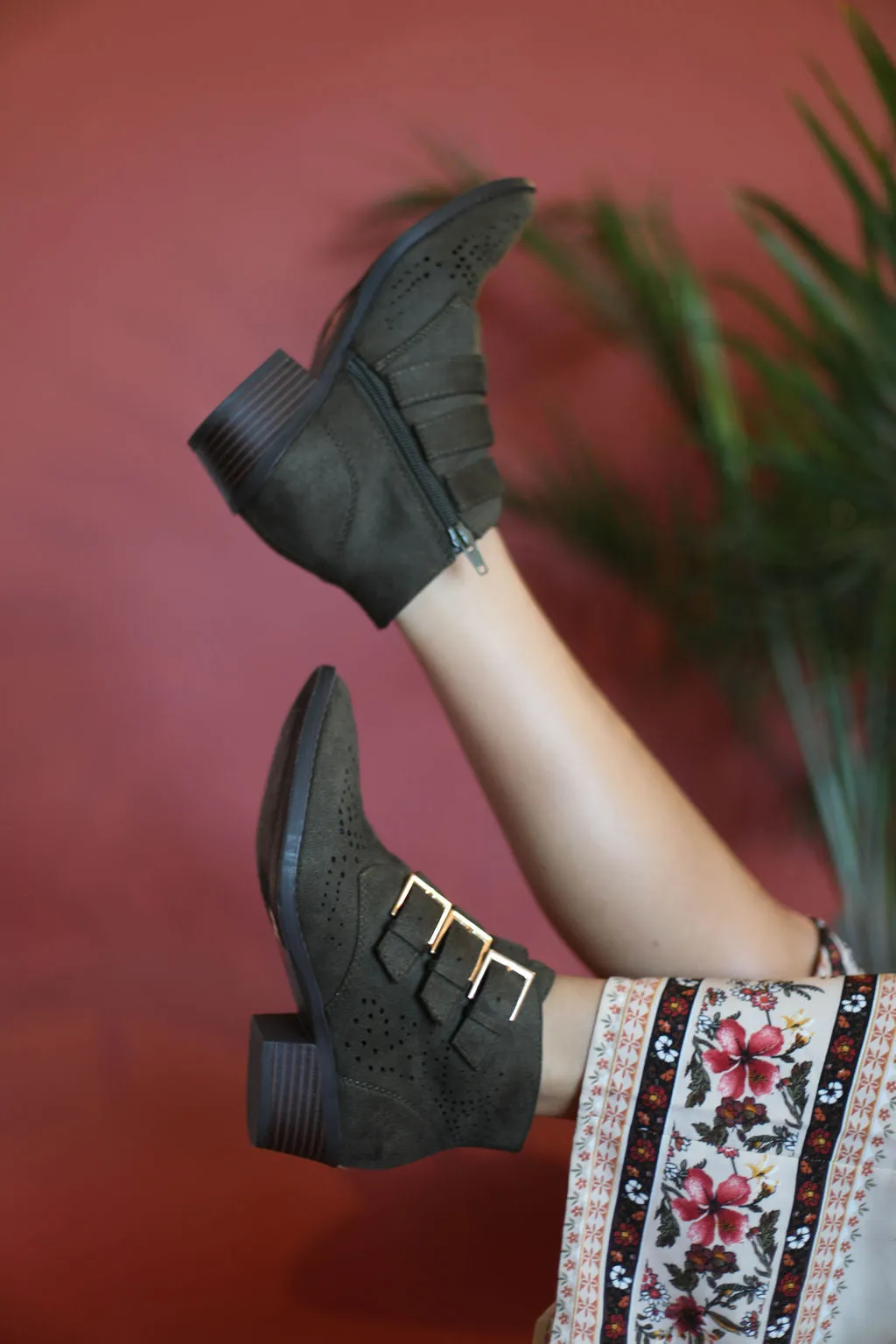 Angela Olive 3 Buckle Booties
