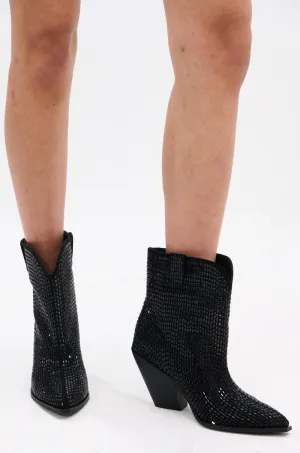 AZALEA WANG LAETITIA BLACK SPARKLE COWBOY BOOTIE