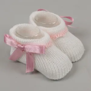 Baby Girls White/Pink Knitted Booties - Newborn to 6 months