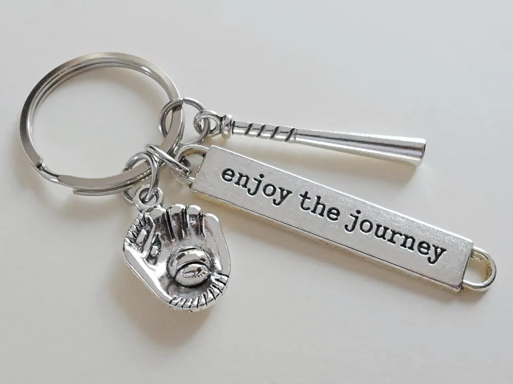 Baseball Keychain with Baseball Glove Charm, Bat Charm, and Enjoy the Journey Charm, Team Player Keychain