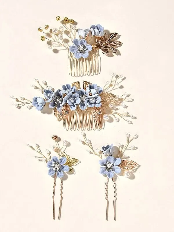 Blue Flower Bridal Hair Comb, Bridesmaid Floral Blue Hairpieces, Wedding Blue Flower Wire Hairpins