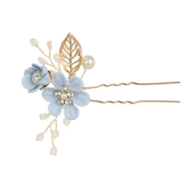 Blue Flower Bridal Hair Comb, Bridesmaid Floral Blue Hairpieces, Wedding Blue Flower Wire Hairpins