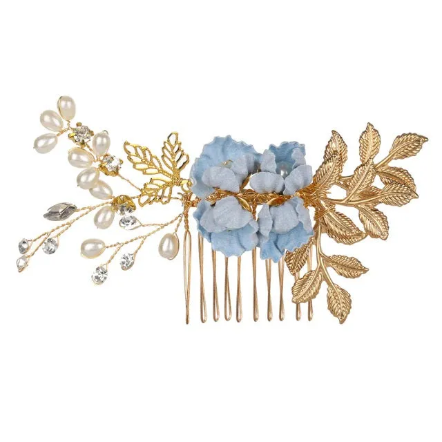 Blue Flower Bridal Hair Comb, Bridesmaid Floral Blue Hairpieces, Wedding Blue Flower Wire Hairpins