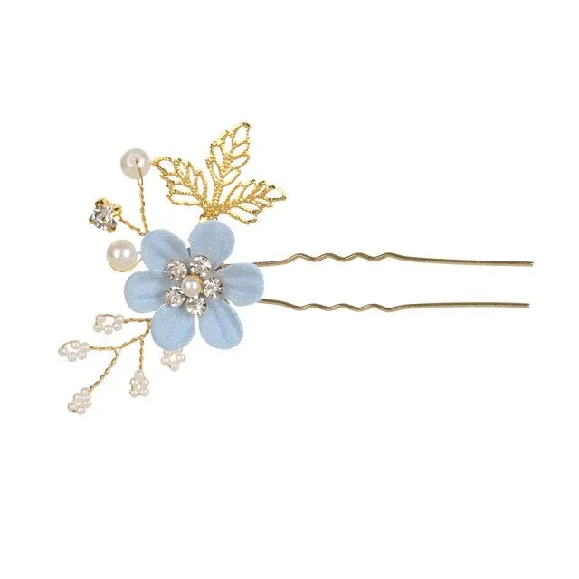 Blue Flower Bridal Hair Comb, Bridesmaid Floral Blue Hairpieces, Wedding Blue Flower Wire Hairpins