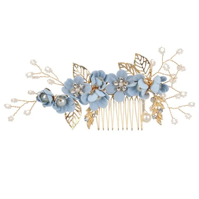 Blue Flower Bridal Hair Comb, Bridesmaid Floral Blue Hairpieces, Wedding Blue Flower Wire Hairpins