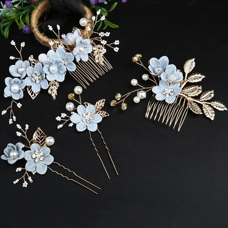Blue Flower Bridal Hair Comb, Bridesmaid Floral Blue Hairpieces, Wedding Blue Flower Wire Hairpins