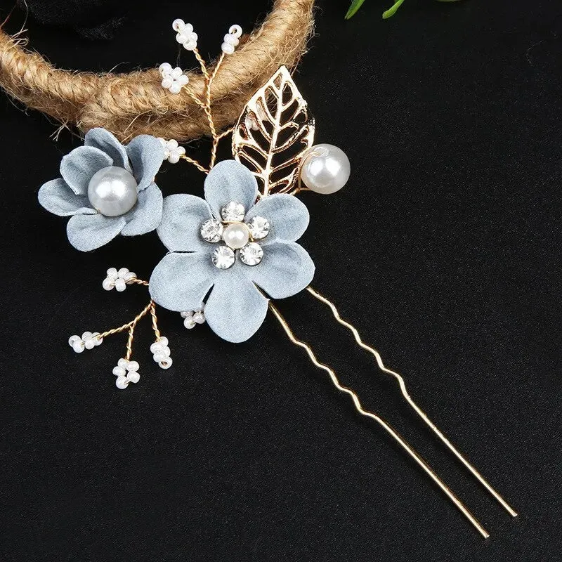 Blue Flower Bridal Hair Comb, Bridesmaid Floral Blue Hairpieces, Wedding Blue Flower Wire Hairpins