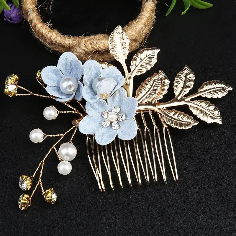 Blue Flower Bridal Hair Comb, Bridesmaid Floral Blue Hairpieces, Wedding Blue Flower Wire Hairpins
