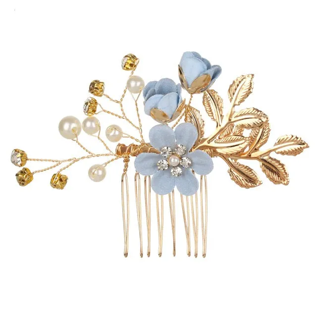 Blue Flower Bridal Hair Comb, Bridesmaid Floral Blue Hairpieces, Wedding Blue Flower Wire Hairpins