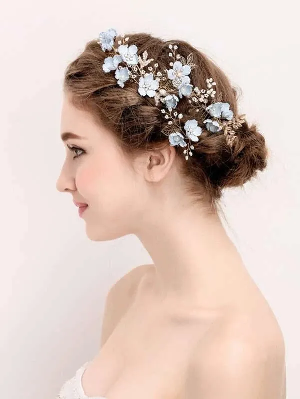 Blue Flower Bridal Hair Comb, Bridesmaid Floral Blue Hairpieces, Wedding Blue Flower Wire Hairpins