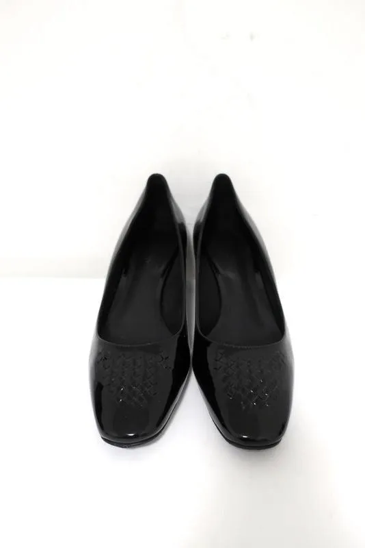 Bottega Veneta Intrecciato Toe Mid-Heel Pumps Black Patent Leather Size 40