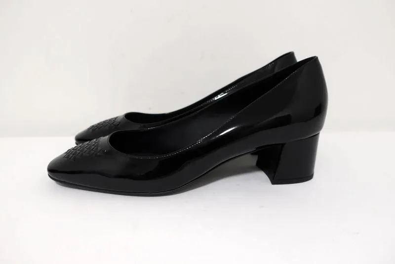 Bottega Veneta Intrecciato Toe Mid-Heel Pumps Black Patent Leather Size 40