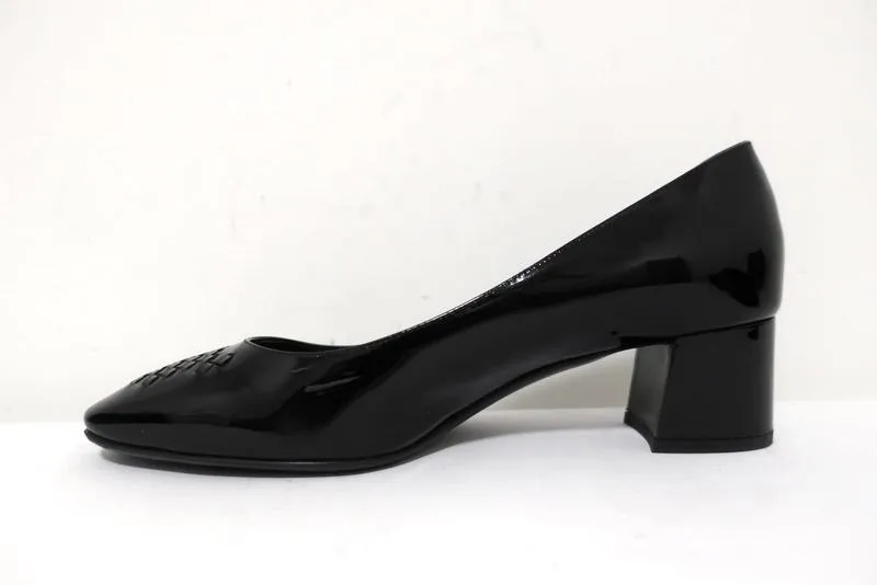 Bottega Veneta Intrecciato Toe Mid-Heel Pumps Black Patent Leather Size 40