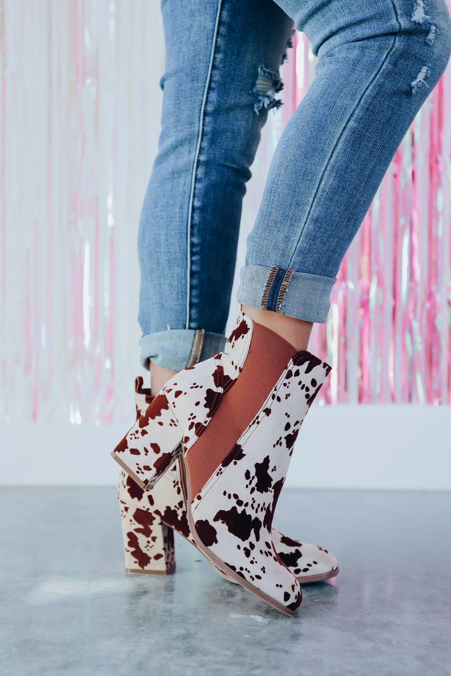 Camden Cow Print Heeled Bootie