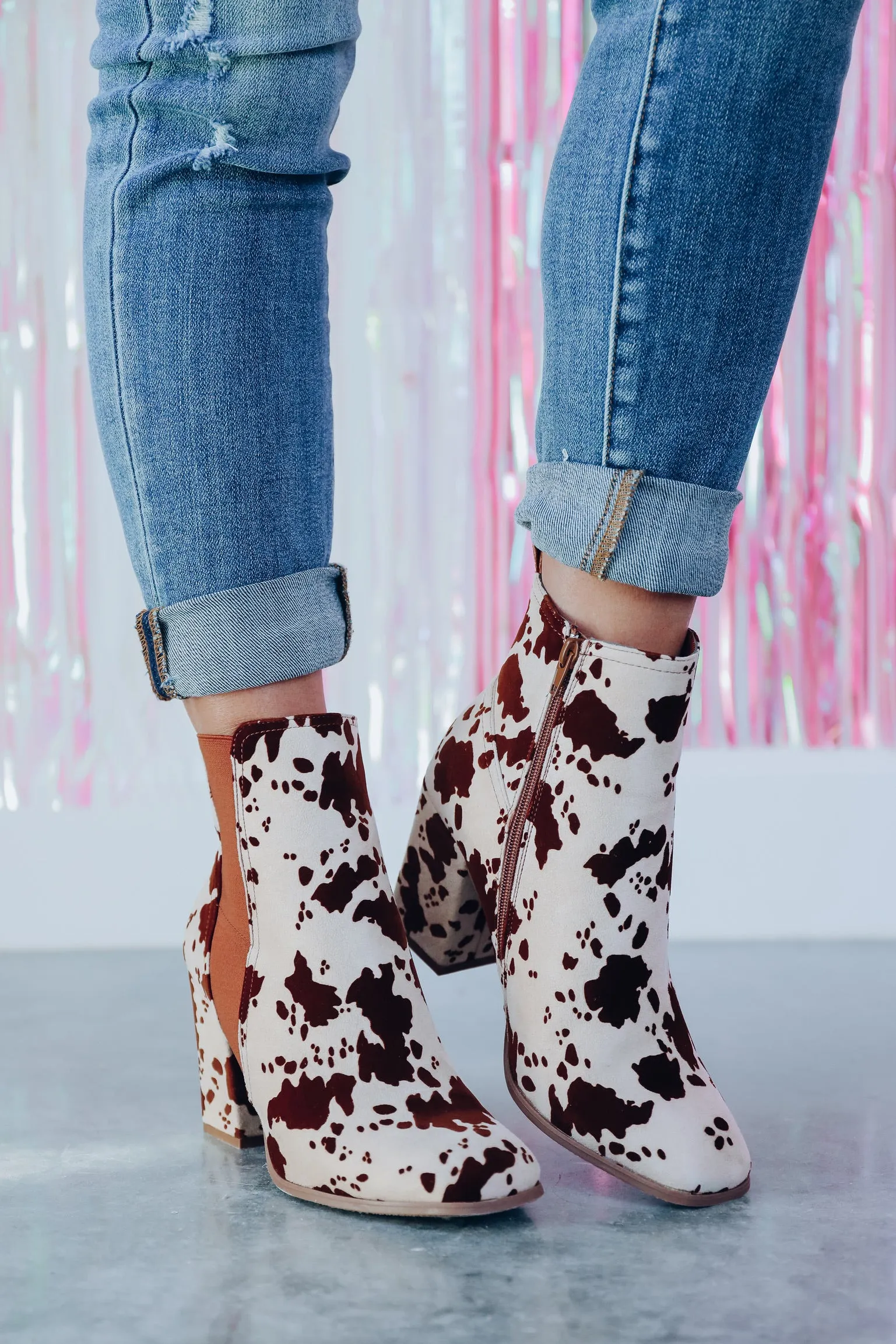 Camden Cow Print Heeled Bootie