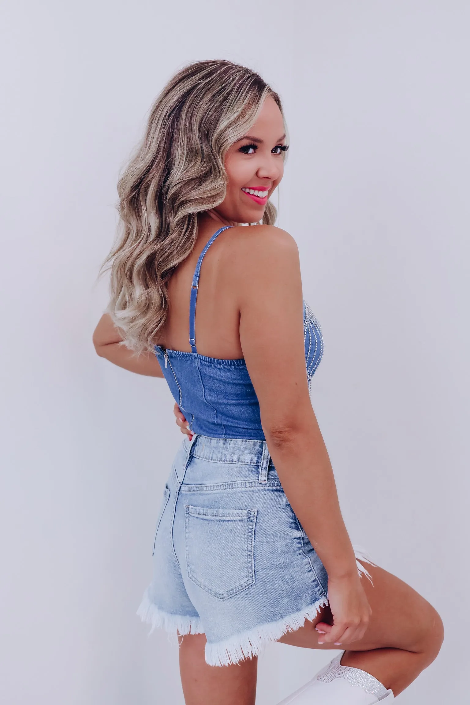 Cameo Rhinestone Fringe Denim Bodysuit - Dark