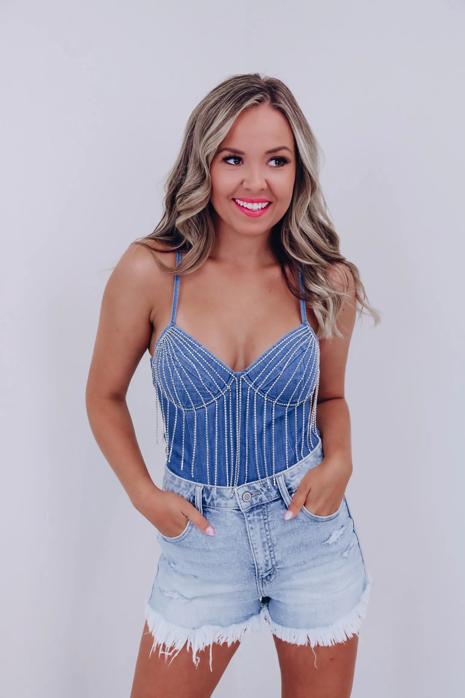 Cameo Rhinestone Fringe Denim Bodysuit - Dark