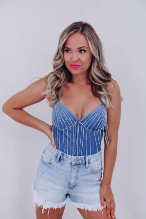 Cameo Rhinestone Fringe Denim Bodysuit - Dark