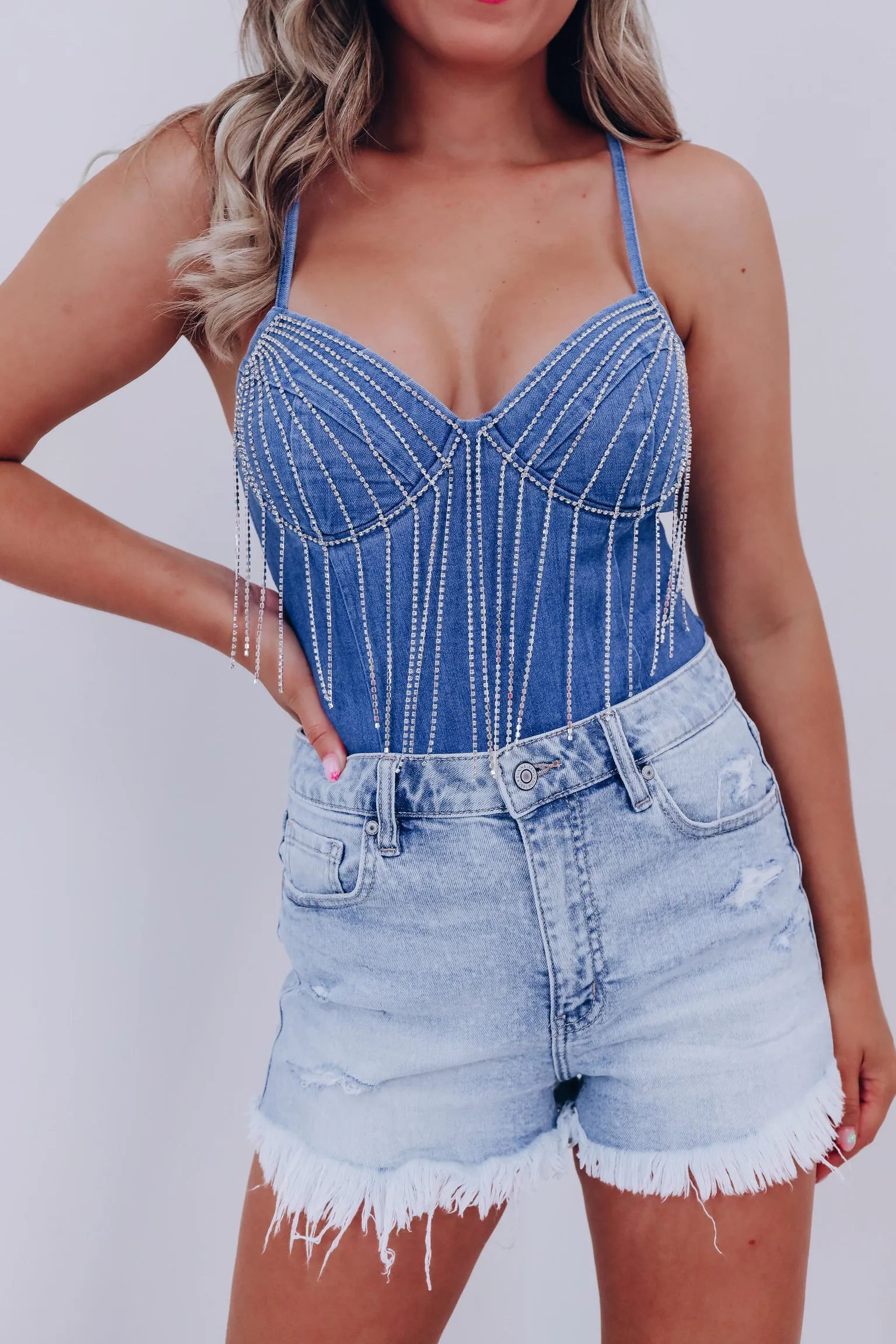 Cameo Rhinestone Fringe Denim Bodysuit - Dark