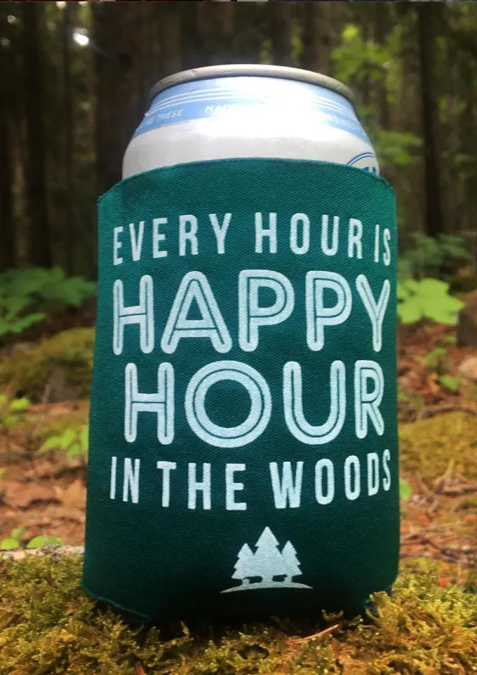 camping can coolie, happy hour in the woods, drink holder for camping, gift for hiker, camping gear, outdoor lover gift