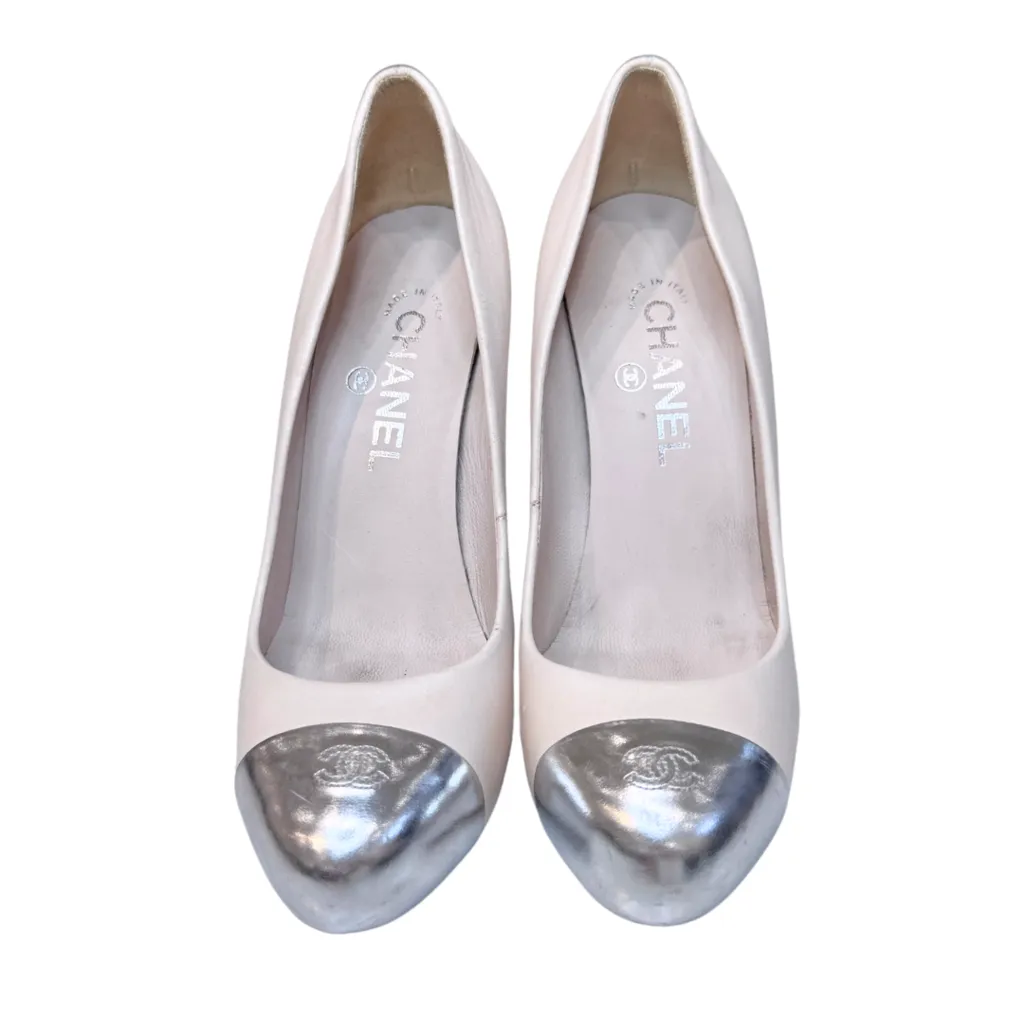 Chanel Nude Silver Cap Toe Pump, 38