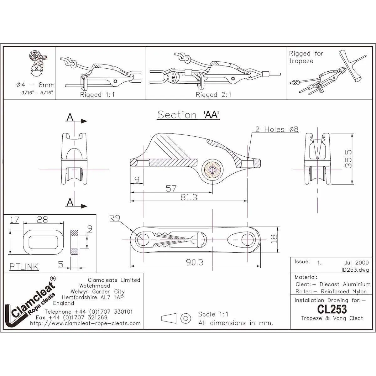 Clamcleat Trapeze and Vang Metal Cleat - Anodised - CL253AN
