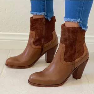 Corso Como Brown Leather &amp; Suede Rounded Toe Ankle Zip Booties Size 7.5