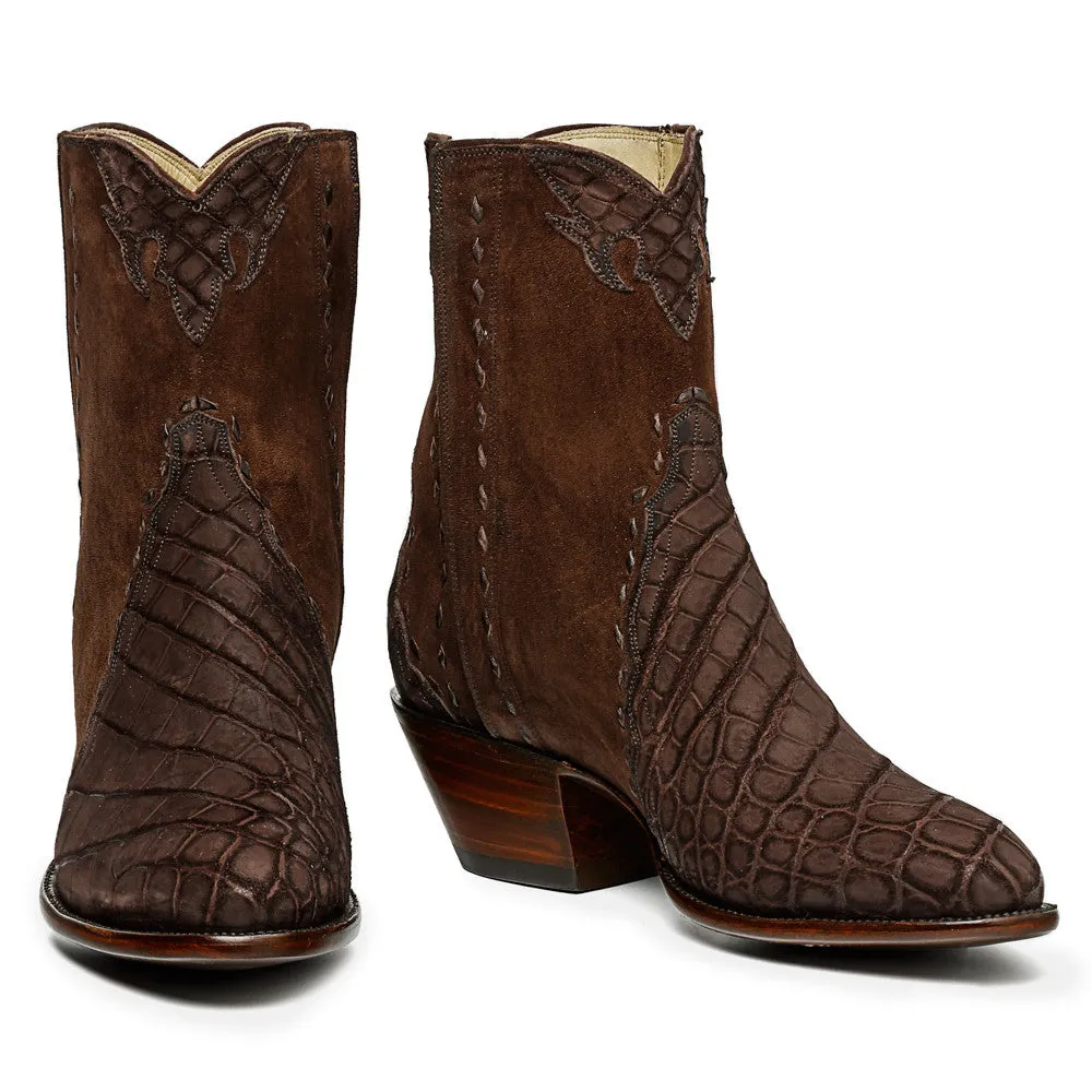 Crocodile Sueded Ankle Zipper Round Toe - Brown