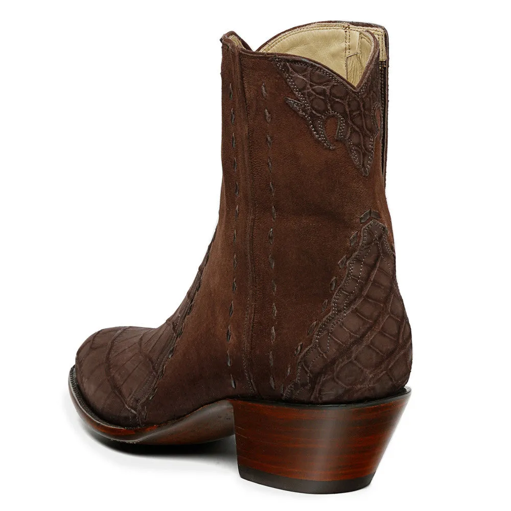 Crocodile Sueded Ankle Zipper Round Toe - Brown