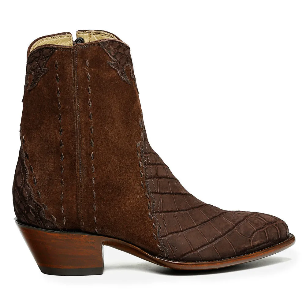 Crocodile Sueded Ankle Zipper Round Toe - Brown