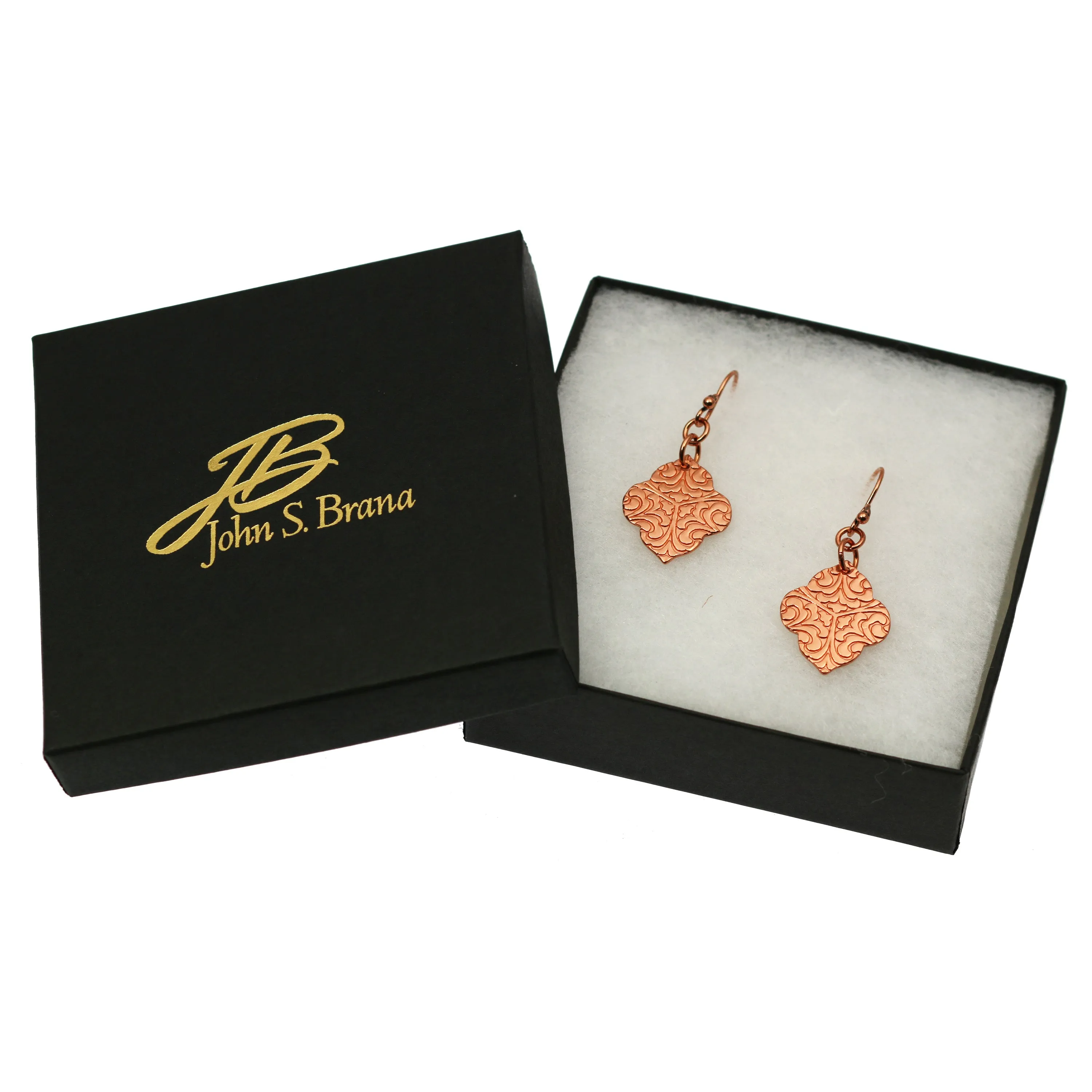 Damask Embossed Copper Quatrefoil Drop Earrings