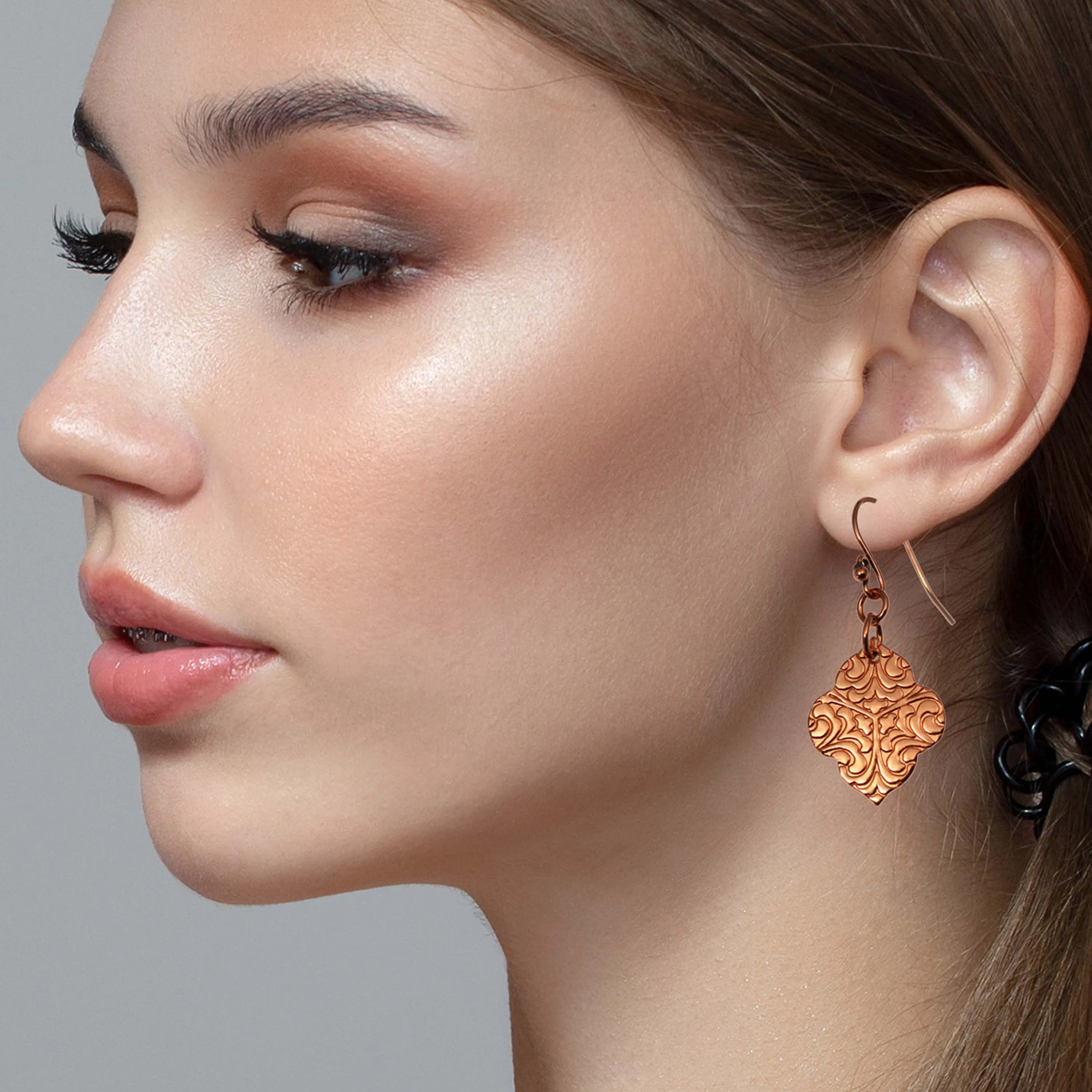 Damask Embossed Copper Quatrefoil Drop Earrings