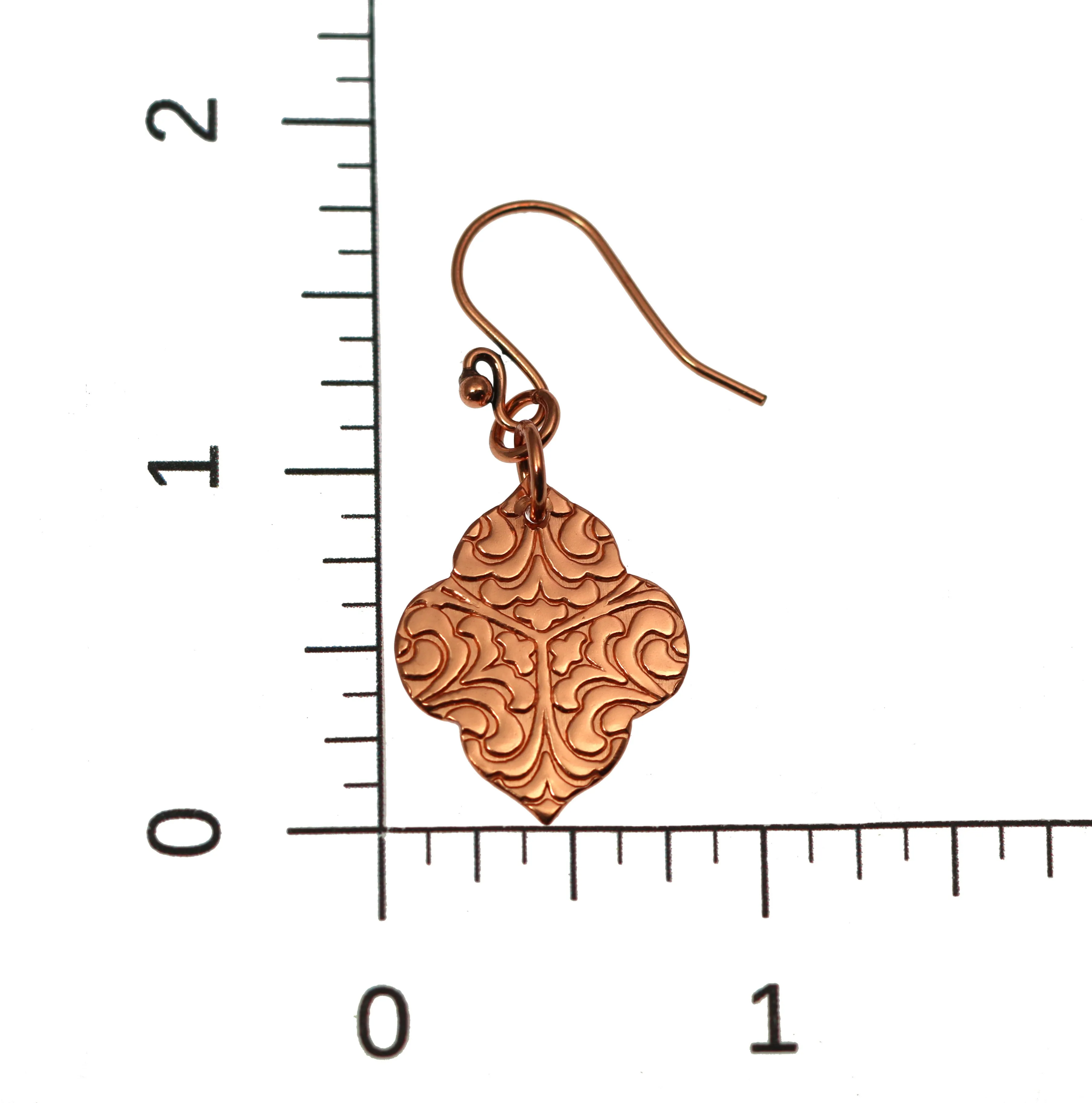 Damask Embossed Copper Quatrefoil Drop Earrings