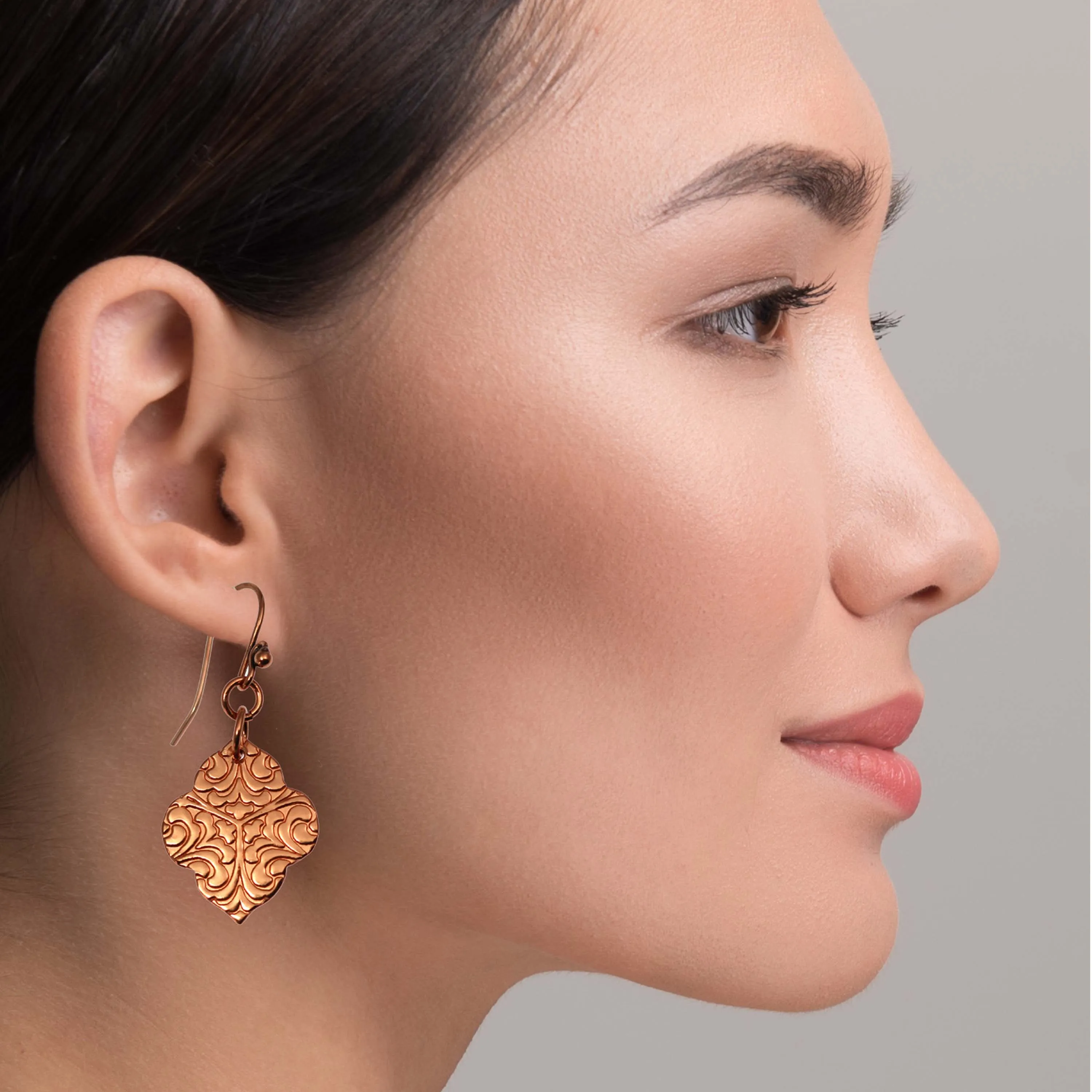 Damask Embossed Copper Quatrefoil Drop Earrings