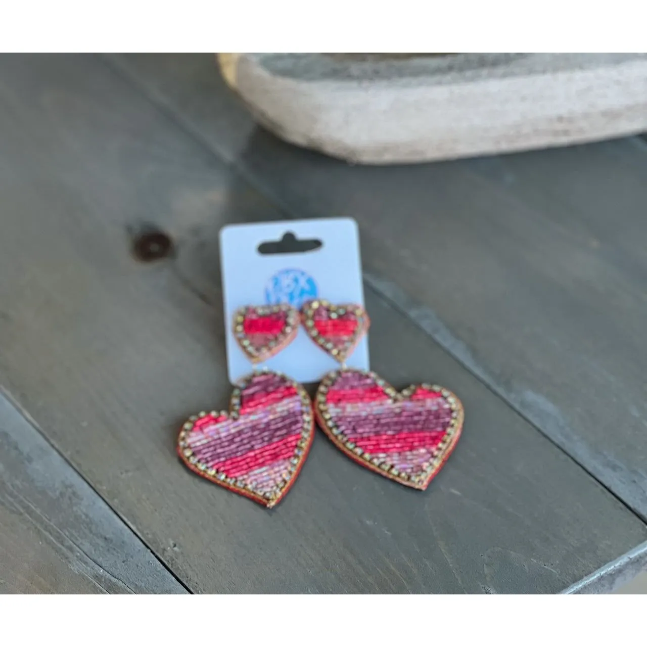 Double Heart Striped Shape Seed Bead Drop Earrings S