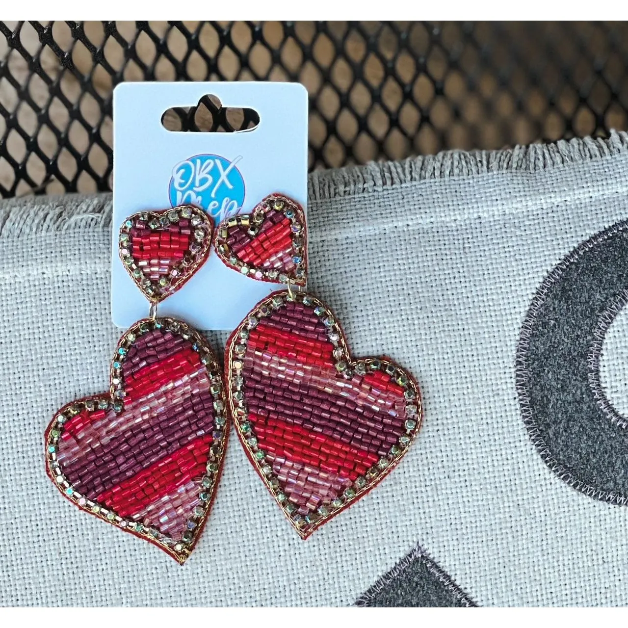 Double Heart Striped Shape Seed Bead Drop Earrings S