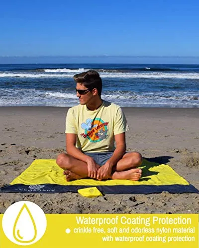 ECCOSOPHY Sand Proof Beach Blanket - 100% Waterproof Picnic Blanket 65x55 - Outdoor Compact Pocket Blanket - Lightweight Ground Cover for Hiking, Camping, Festivals, Sports, Travel- with Bag & Stakes