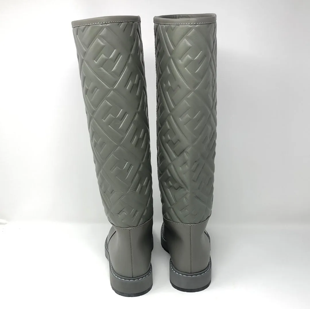 Fendi Grey leather Logo Embossed Mid-Calf Riding Boots