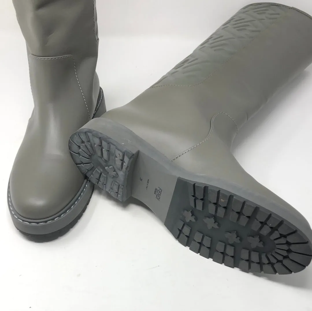 Fendi Grey leather Logo Embossed Mid-Calf Riding Boots