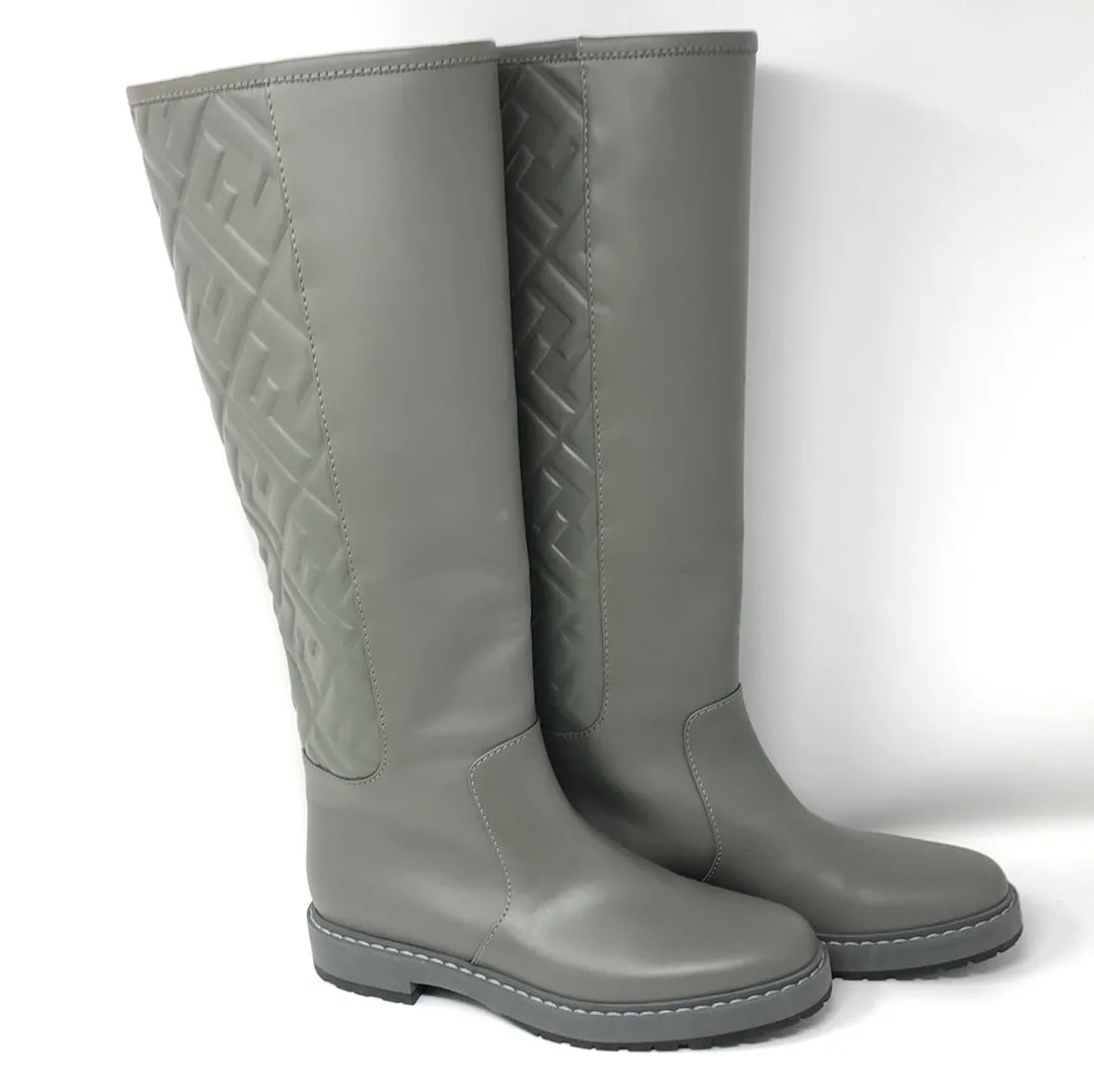 Fendi Grey leather Logo Embossed Mid-Calf Riding Boots