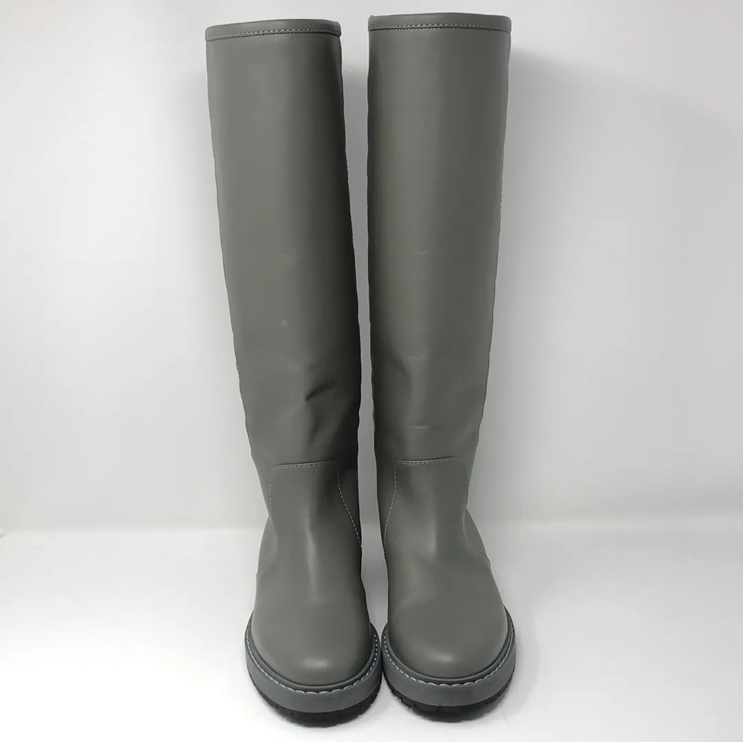 Fendi Grey leather Logo Embossed Mid-Calf Riding Boots