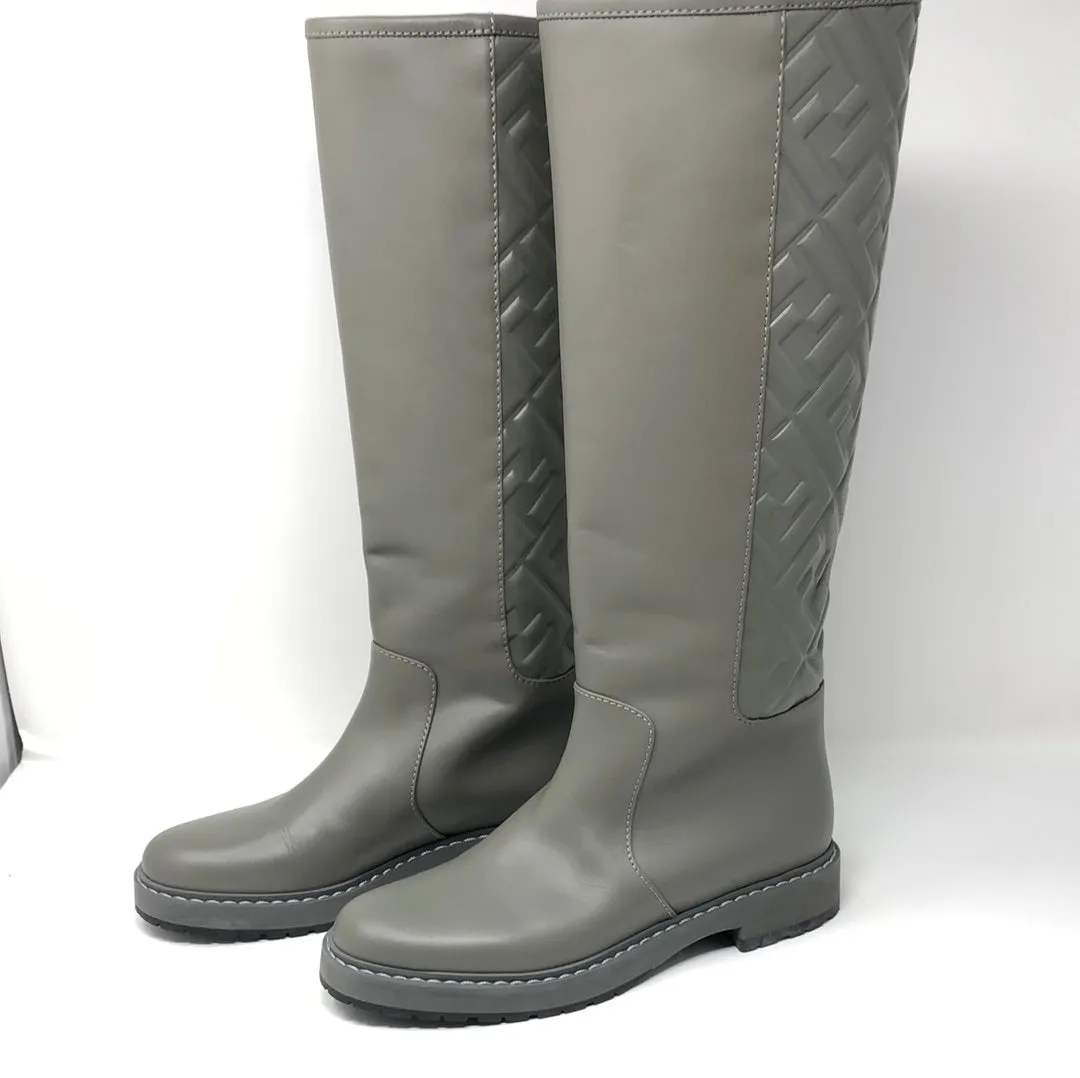 Fendi Grey leather Logo Embossed Mid-Calf Riding Boots