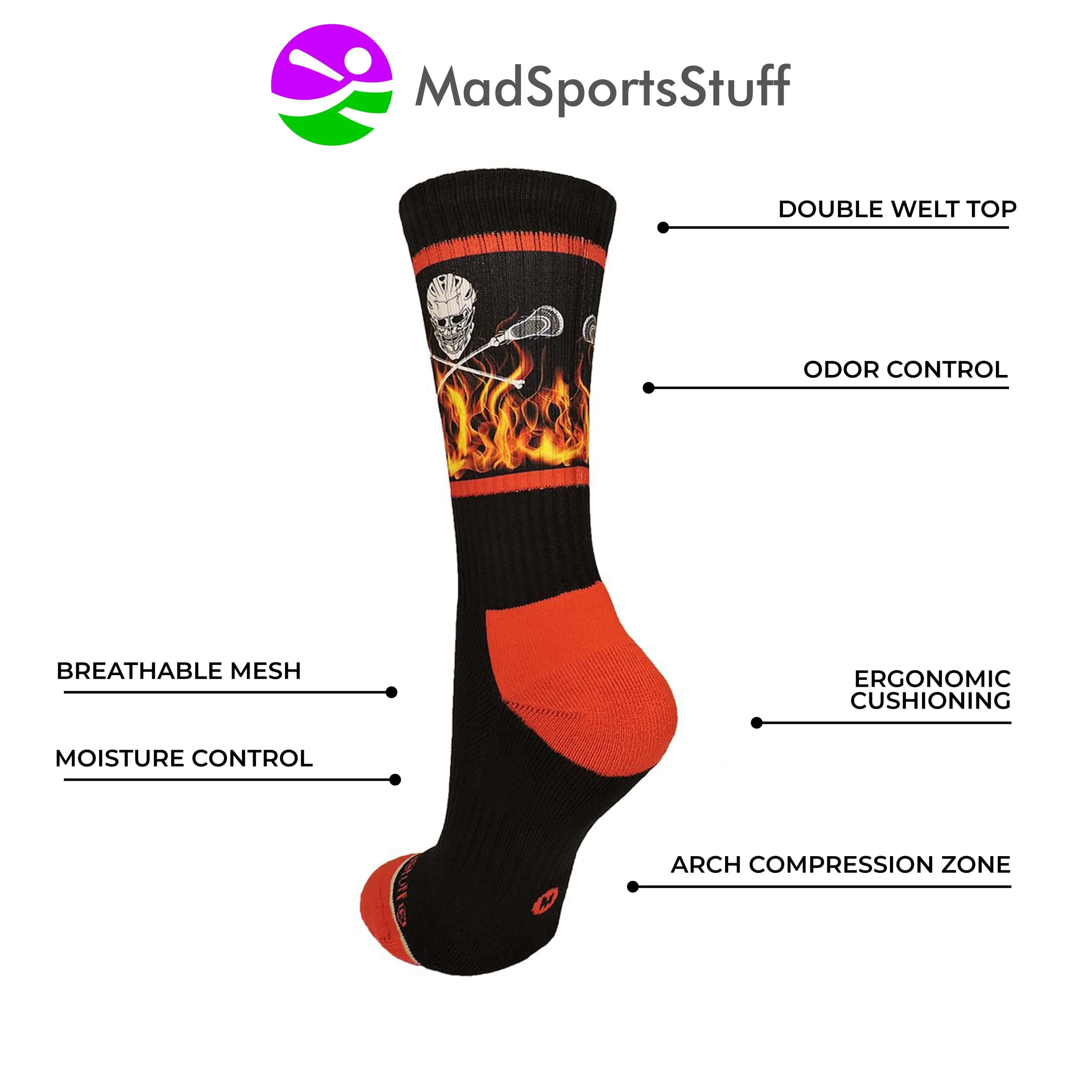 Flaming Skulls Lacrosse Athletic Crew Socks