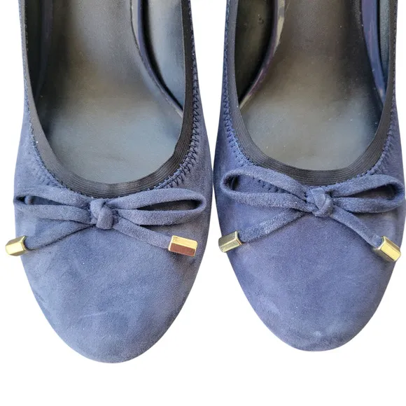 Franco Sarto Republic Heels Block Women's 9.5 M Blue Suede Patent Leather Bows