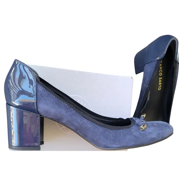 Franco Sarto Republic Heels Block Women's 9.5 M Blue Suede Patent Leather Bows