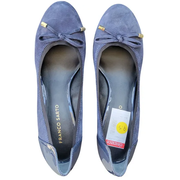 Franco Sarto Republic Heels Block Women's 9.5 M Blue Suede Patent Leather Bows