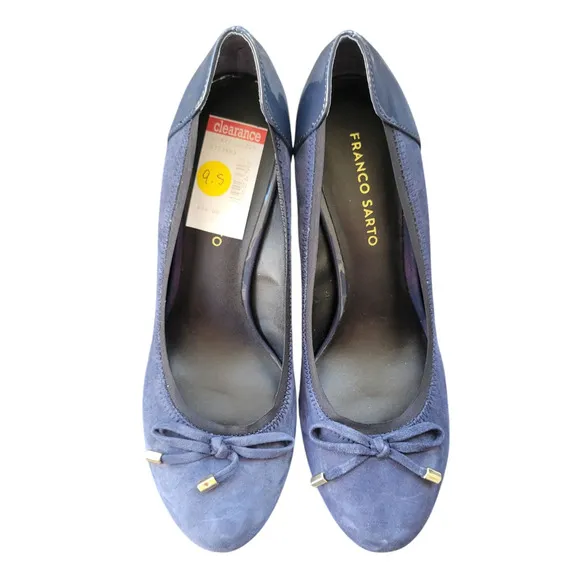 Franco Sarto Republic Heels Block Women's 9.5 M Blue Suede Patent Leather Bows
