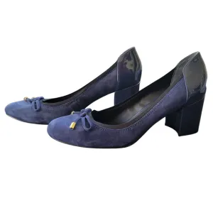 Franco Sarto Republic Heels Block Women's 9.5 M Blue Suede Patent Leather Bows