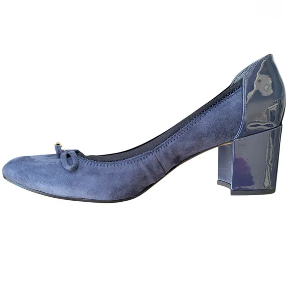 Franco Sarto Republic Heels Block Women's 9.5 M Blue Suede Patent Leather Bows