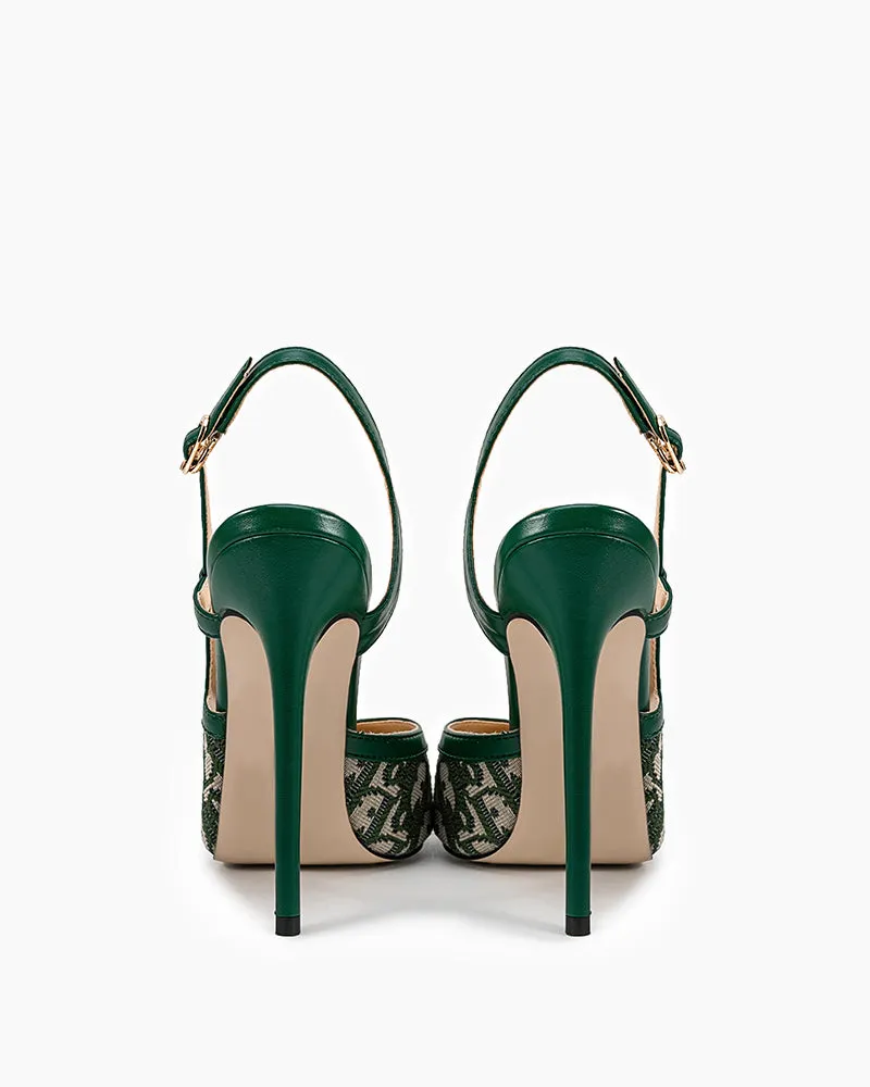 Green Print Pointed Toe Slingback High Heel Pumps